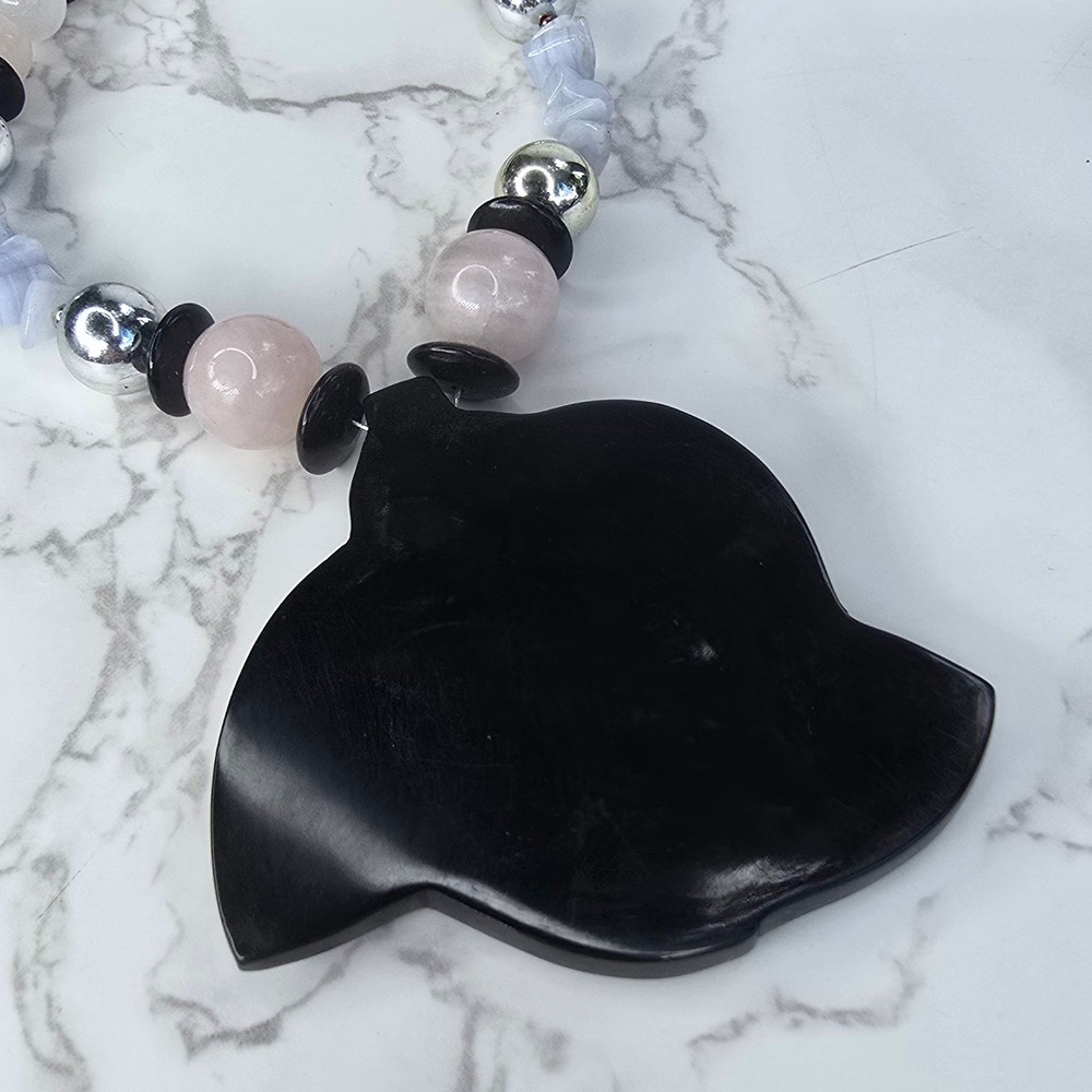 Lee Sands Mother of Pearl Mosaic Flower Pendant Rose Quartz Agate Necklace 22in - Picture 4 of 6